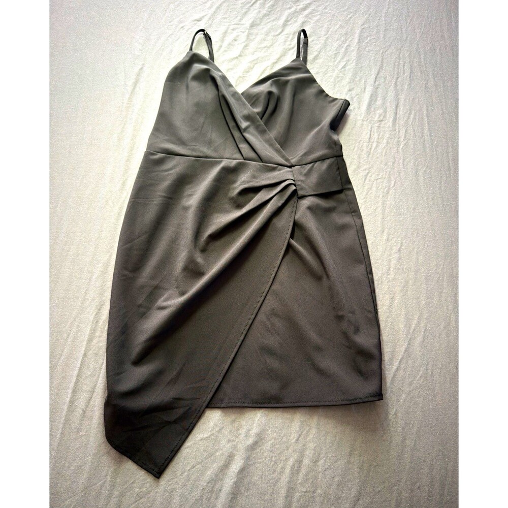 Blue Blush Women Black Satin Solid Wrap Mini Dress Spaghetti V-Neck Lined Zip M